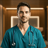 A professional male nurse in clean teal scrubs looking forward with a friendly expression.